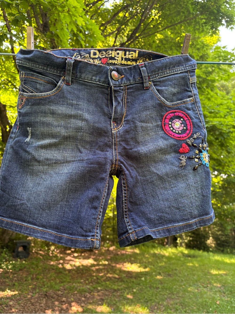 Desigual Dark Blue Denim Shorts with Pink & Blue Embroidery